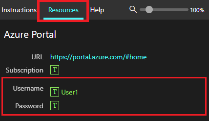 실습 화면 Resources 탭의 사용자 이름과 암호