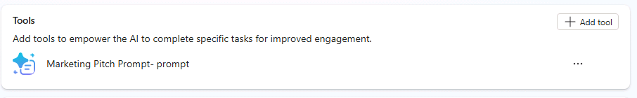 Marketing Pitch Prompt 도구가 나열된 Product Support 에이전트의 Tools 섹션