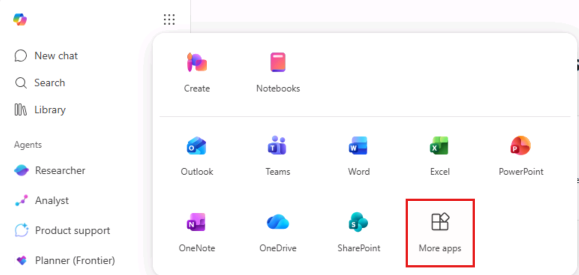 Copilot Chat의 M365 앱 버튼