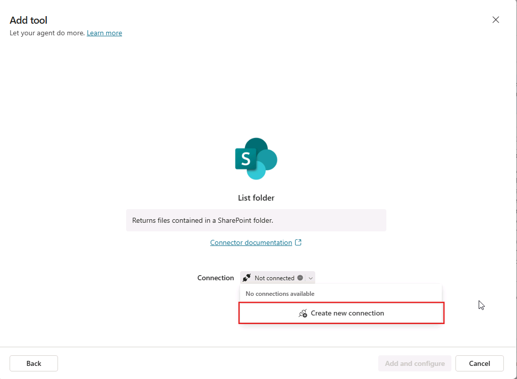 Create new connection 버튼이 강조된 Add tool 창