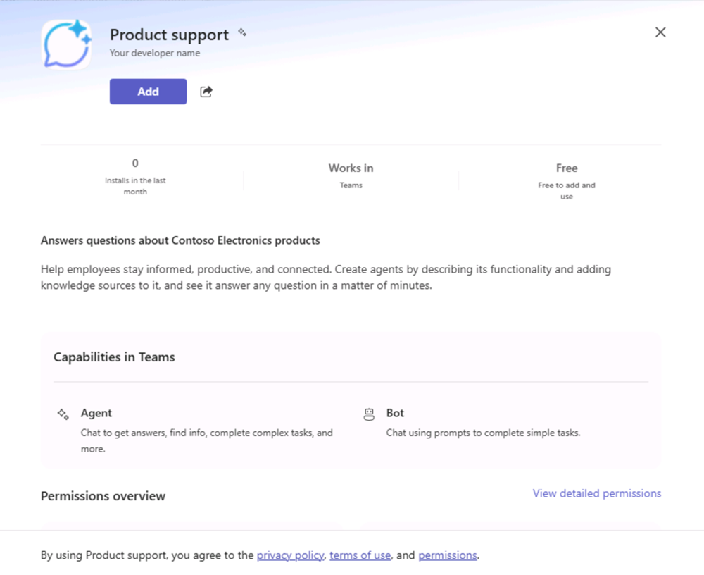 Microsoft Copilot에 추가하기 전의 Product Support 에이전트 개요 모달