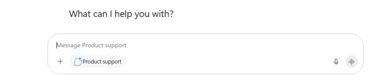 Chatting with Product support 상태 메시지가 강조된 Microsoft Copilot 화면