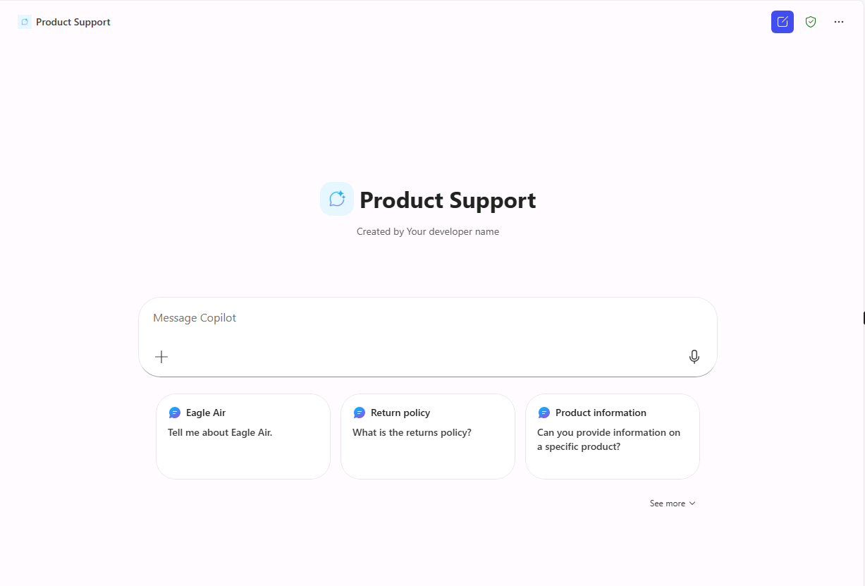 Product Support 에이전트의 스타터 프롬프트가 표시된 Microsoft Copilot 화면