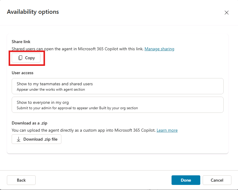 Copy 버튼이 강조된 Availability options 창