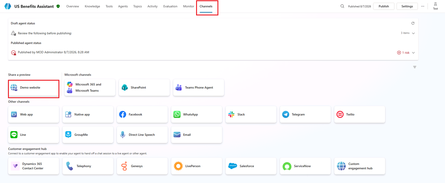 Copilot Studio의 Channels 탭