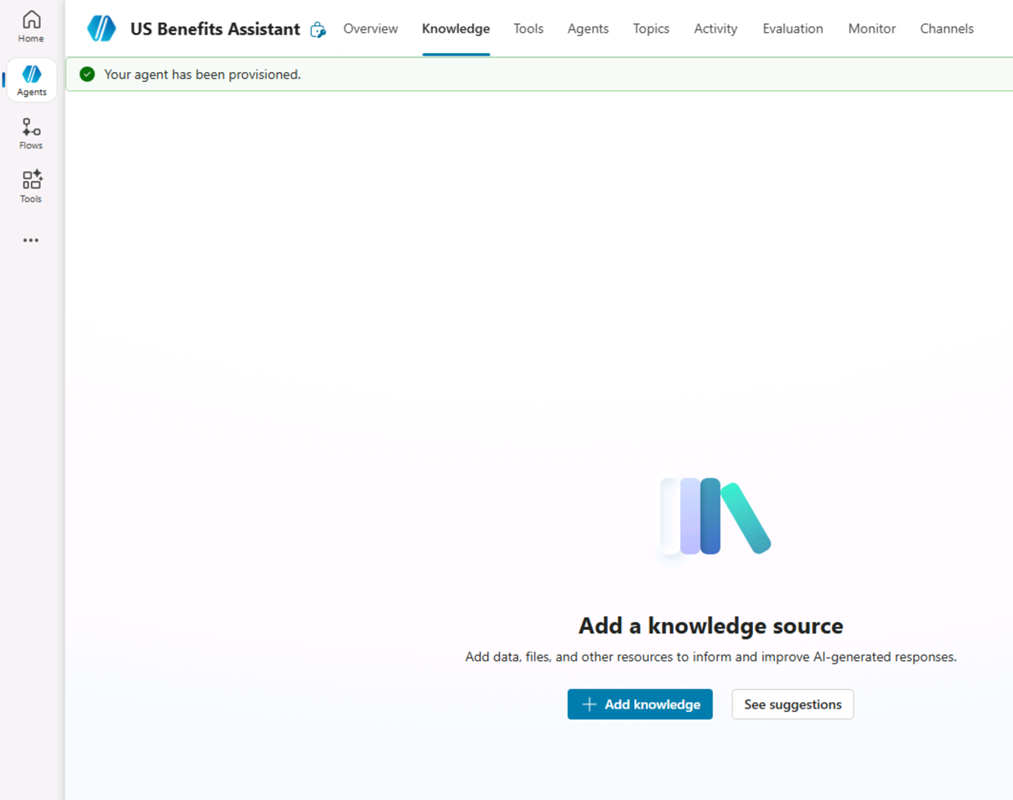 Copilot Studio의 Knowledge 탭