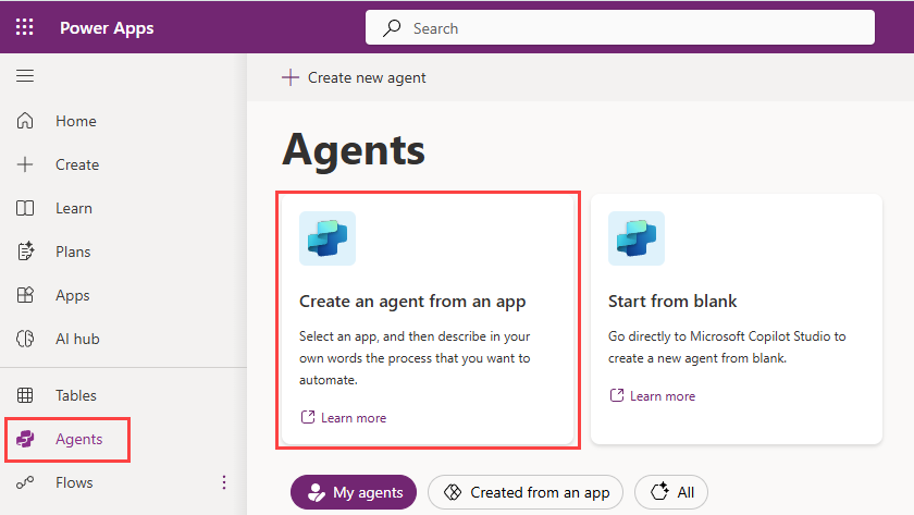 Power Apps 메이커 포털의 에이전트 페이지